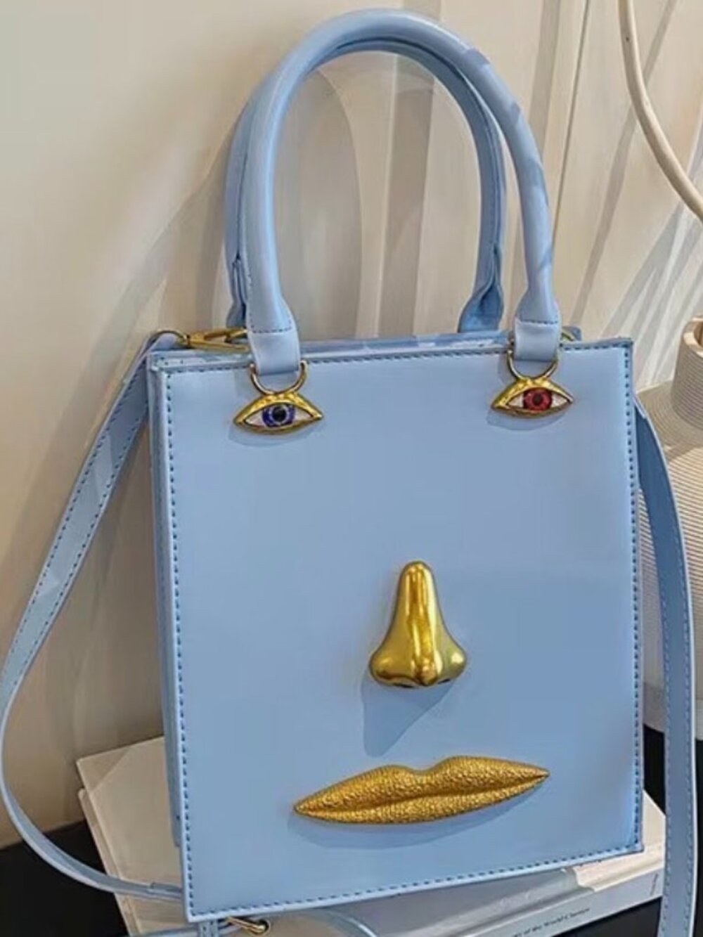 Light Blue Novelty Leather Tote with Gold Face Accents